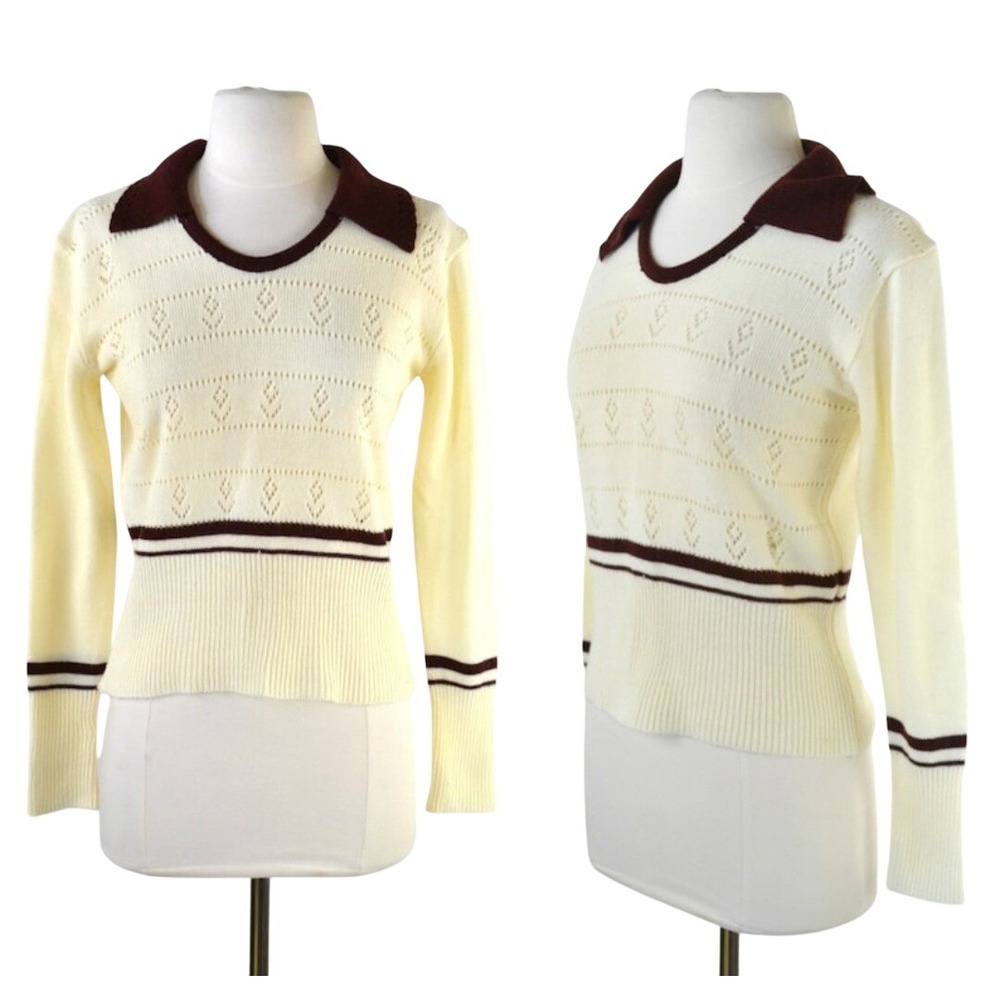 Vintage 70s Cream Knit Pointelle Sweater Retro Preppy Academia Stripe Small